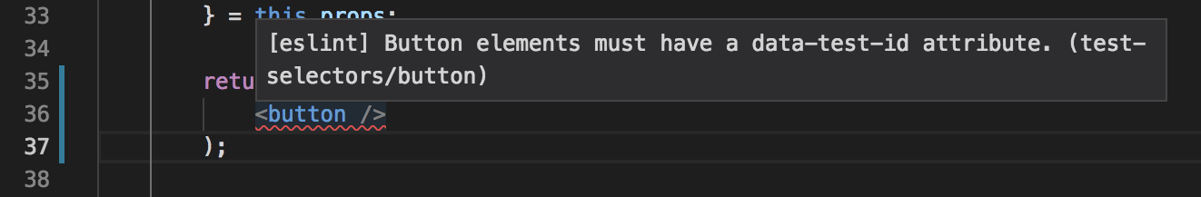 Example of eslint-plugin-test-selectors running in Visual Studio Code