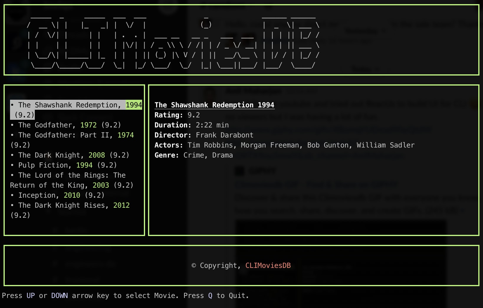 screenshot of CLI movies DB