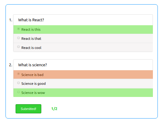 Preview of the question form when choices are selected