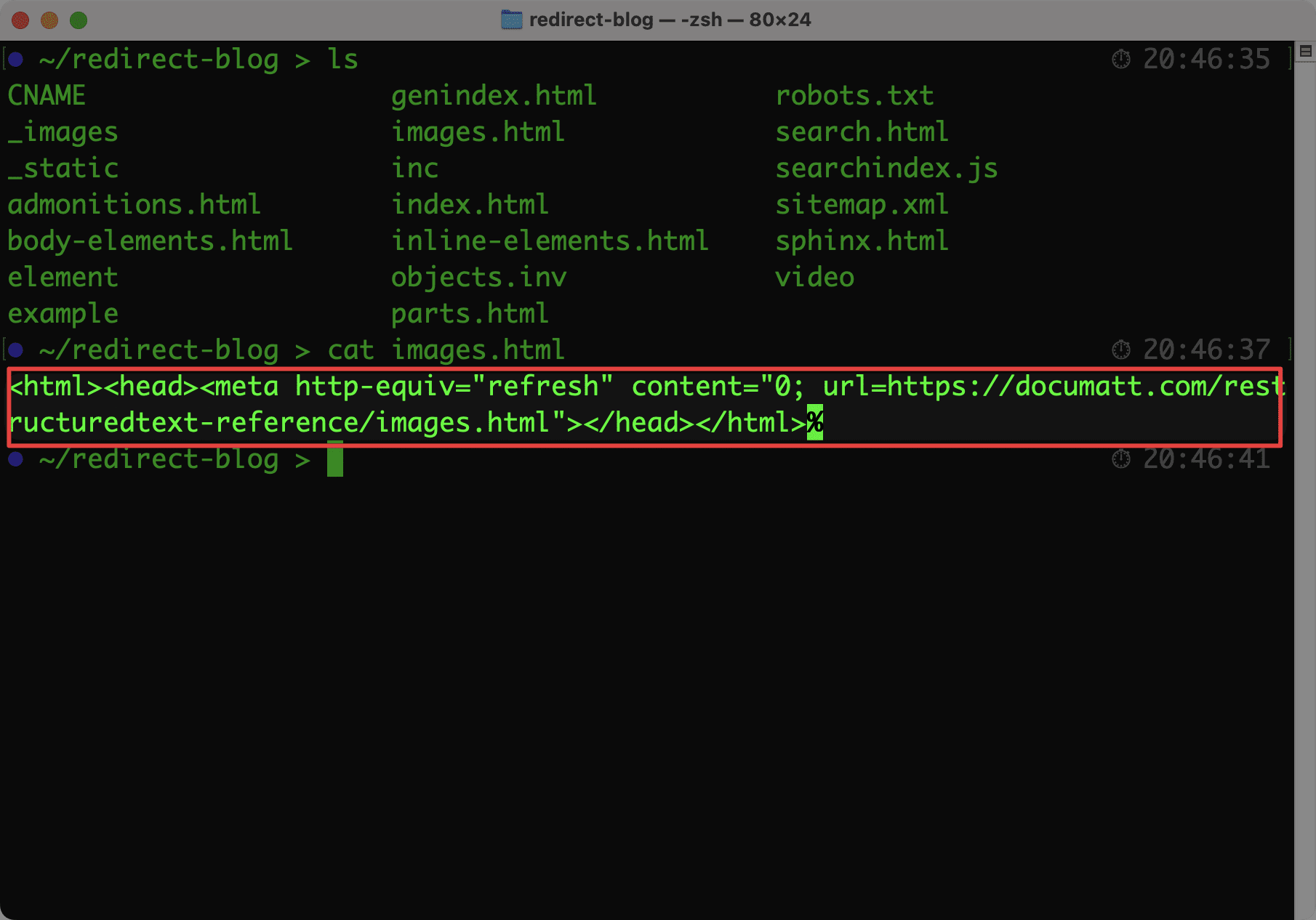 Terminal showing ( content of generated redirect HTML file)