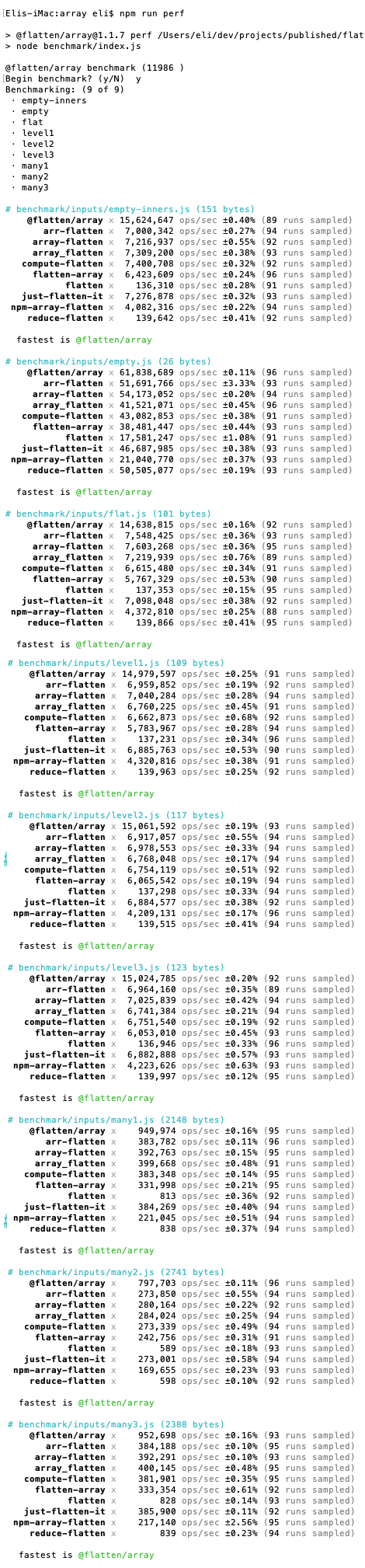 Show performance comparison with various inputs for this implementation, array-flatten, and flatten-array.