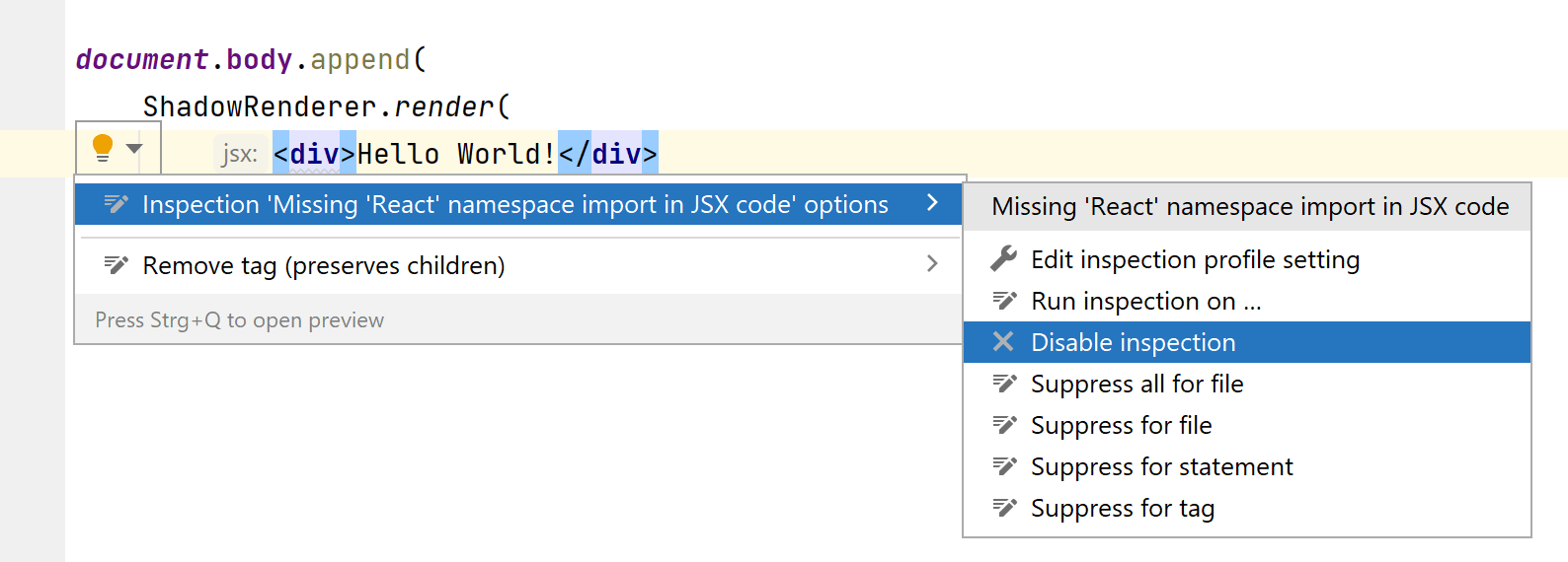 Disable mit React import warning