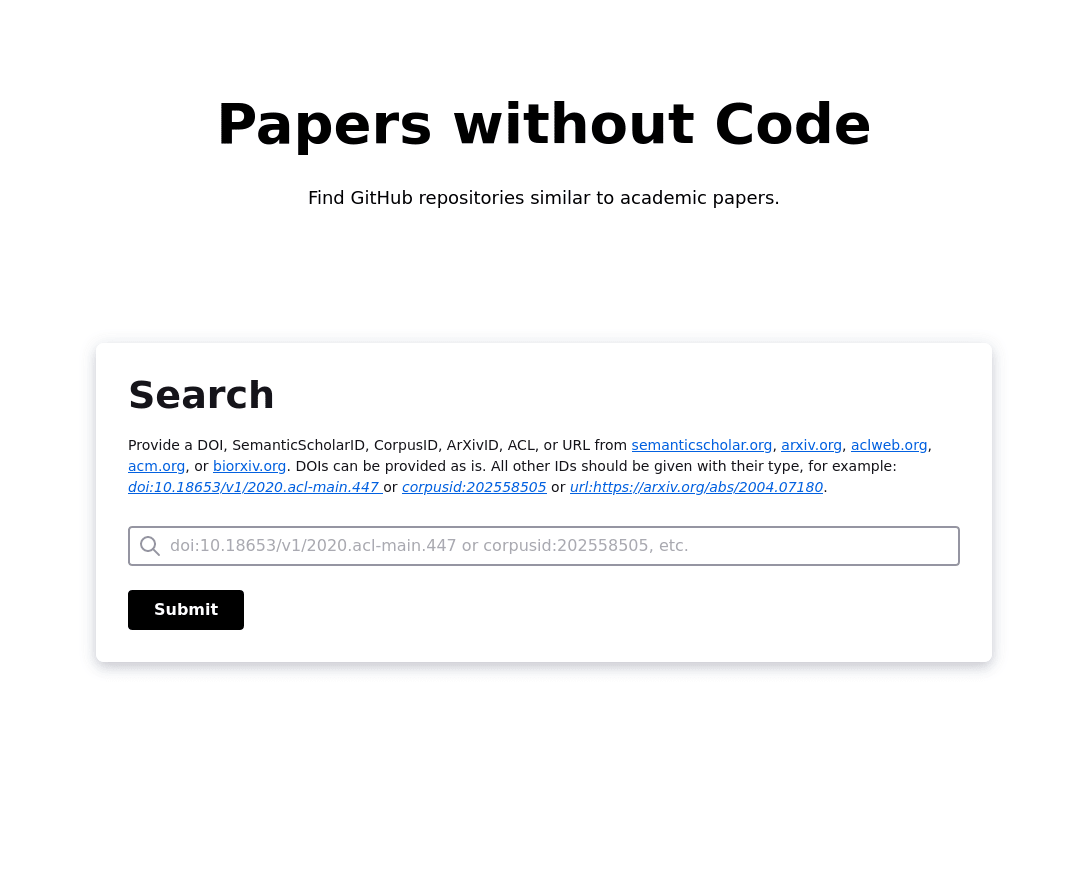 Image of the Papers without Code web application homepage