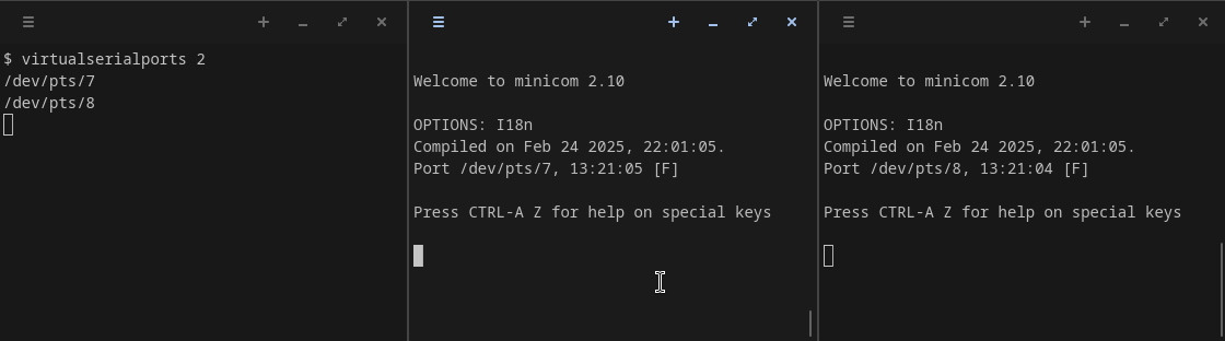 Demo showing characters being sent alternately into two terminal emulators, with the characters appearing on the opposite terminal.