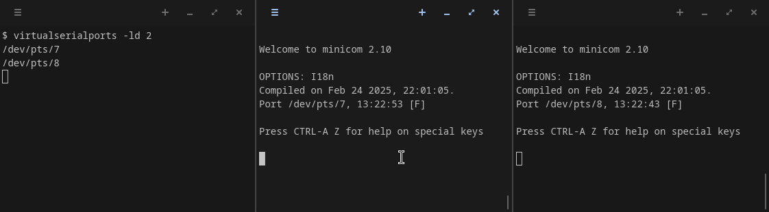 Demo showing characters being sent alternately in two terminal emulators, with the characters appearing on both terminals, and debug data showing in the pyvirtualserialports output.