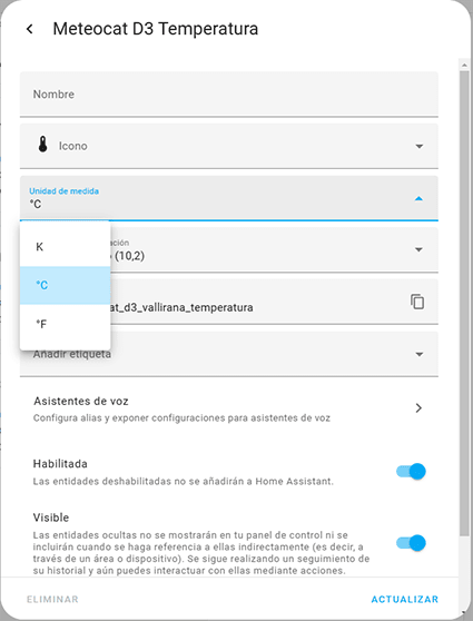Entity more info settings dialog