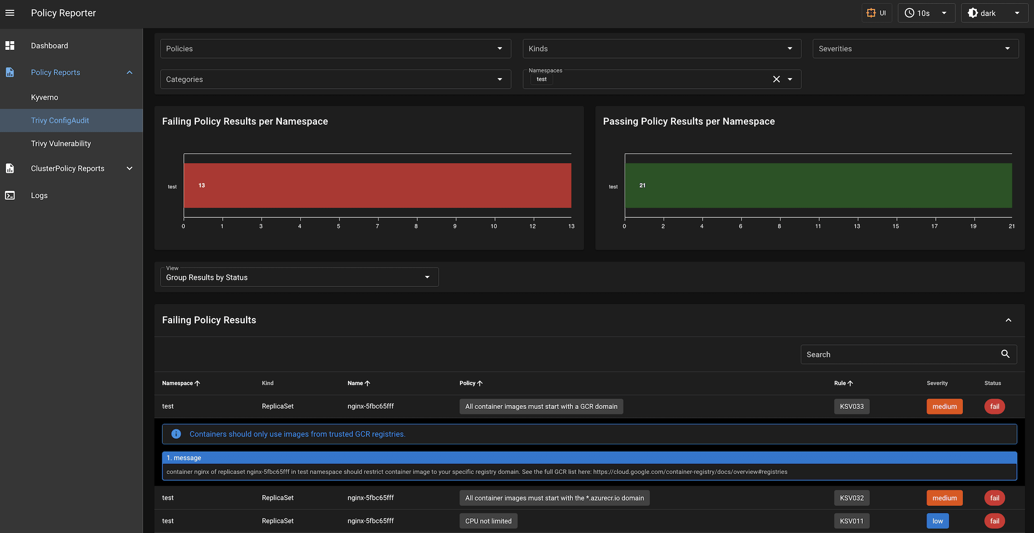 Policy Reporter UI - PolicyReport ConfigAuditReports Screenshot