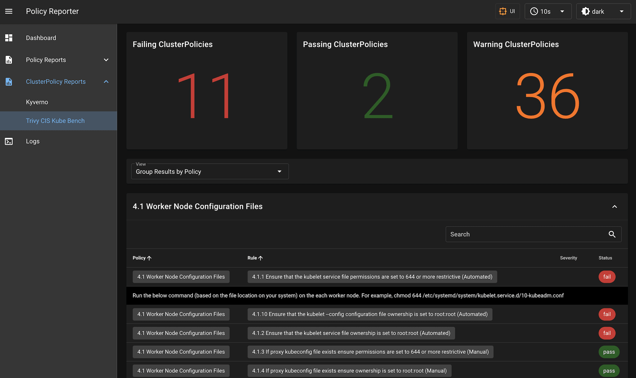 Policy Reporter UI - PolicyReport CISKubeBenchReports Screenshot