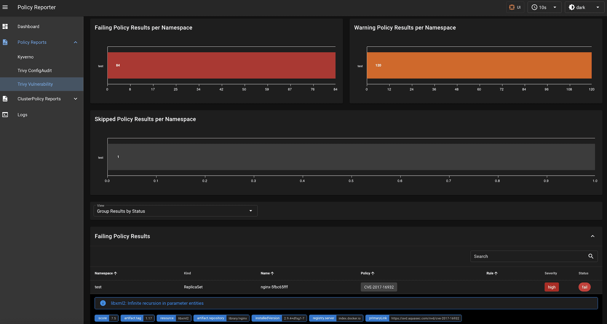 Policy Reporter UI - PolicyReport VulnerabilityReports Screenshot