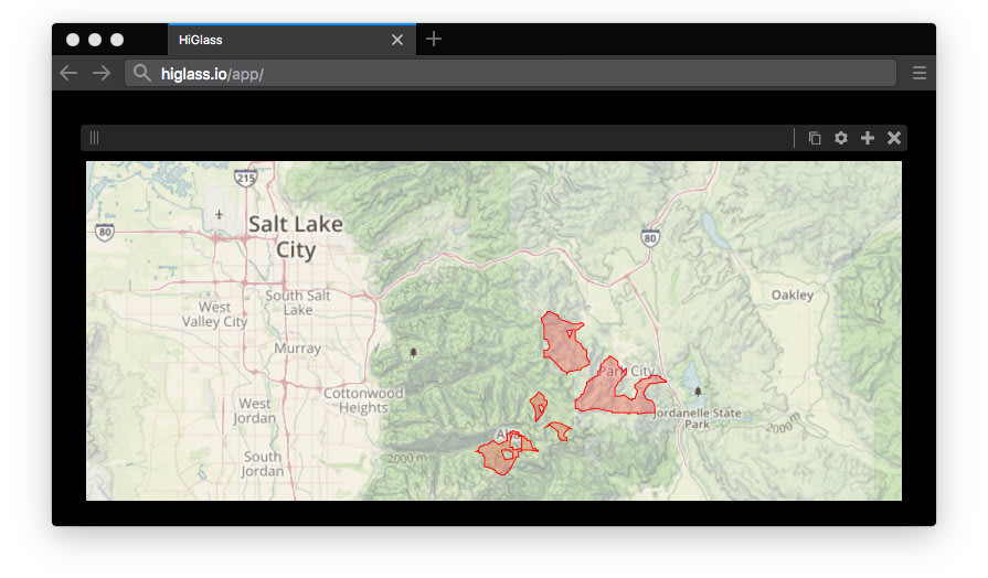 Ski areas around Park City shown with Mapbox HiGlass showing ski areas with Mapbox
