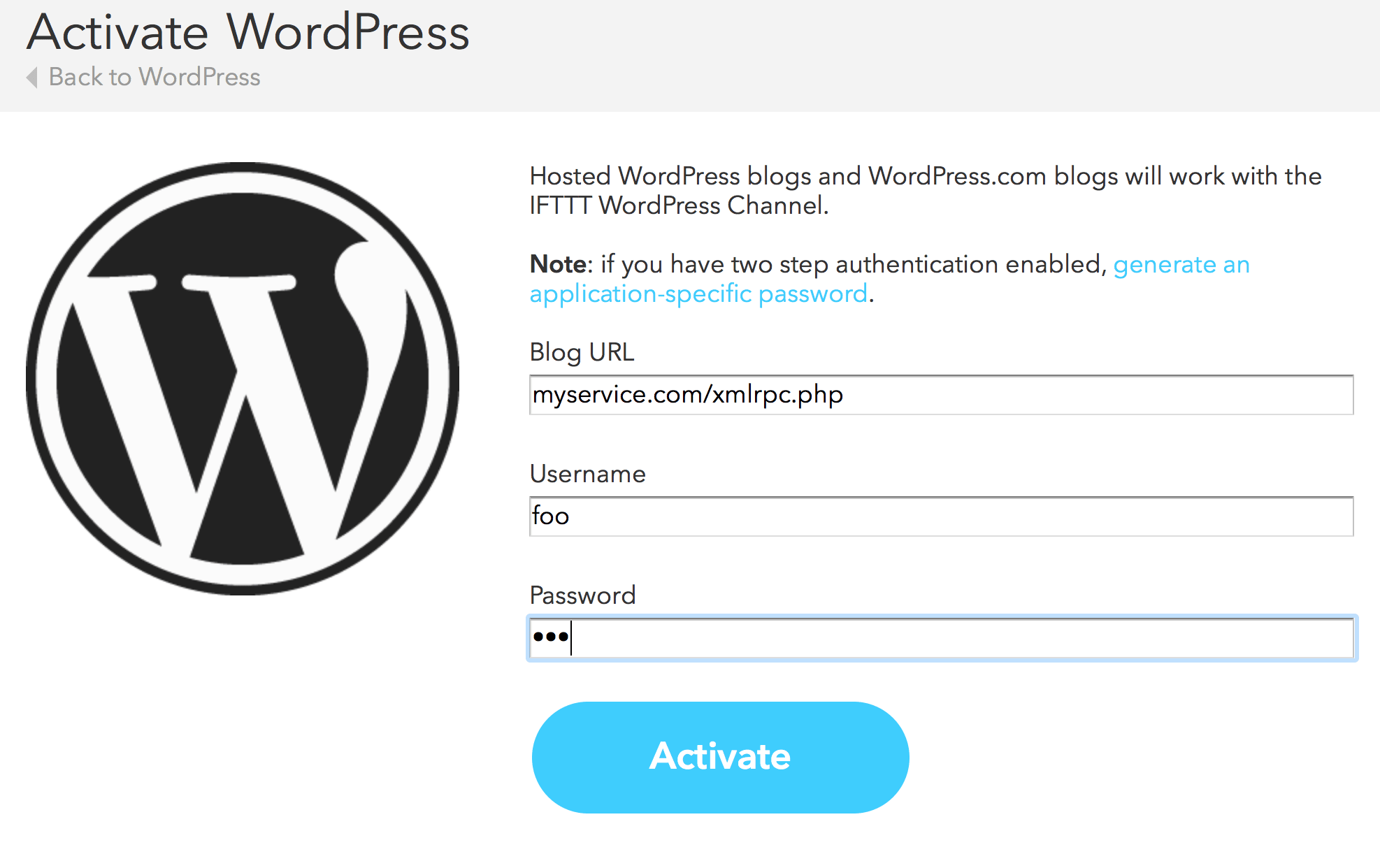 IFTTT Wordpress Channel configuration