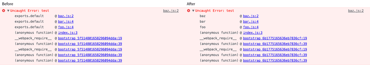 Stack trace before and after export is given a name