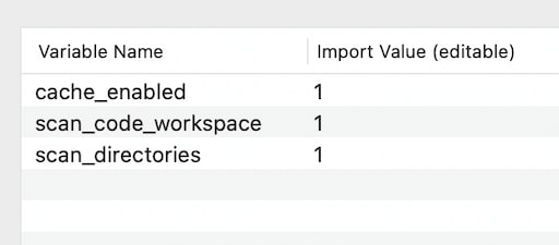 Screenshot of environment configurations