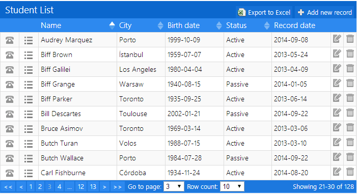 A screenshot of jTable