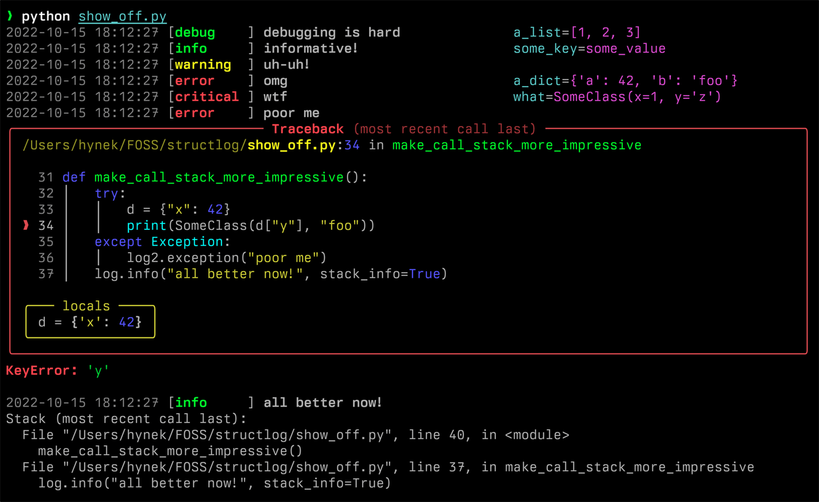 Screenshot of colorful structlog output with ConsoleRenderer
