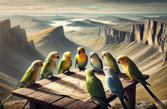 GeoParquet parakeets gathered around a map