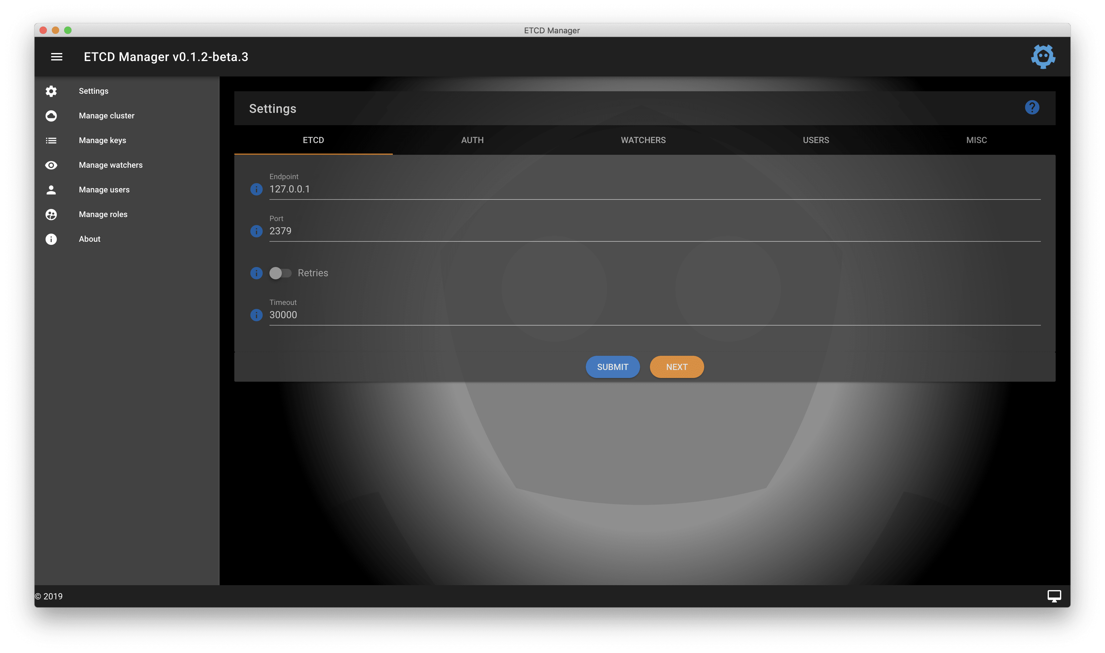 ETCD Manager settings Alt text