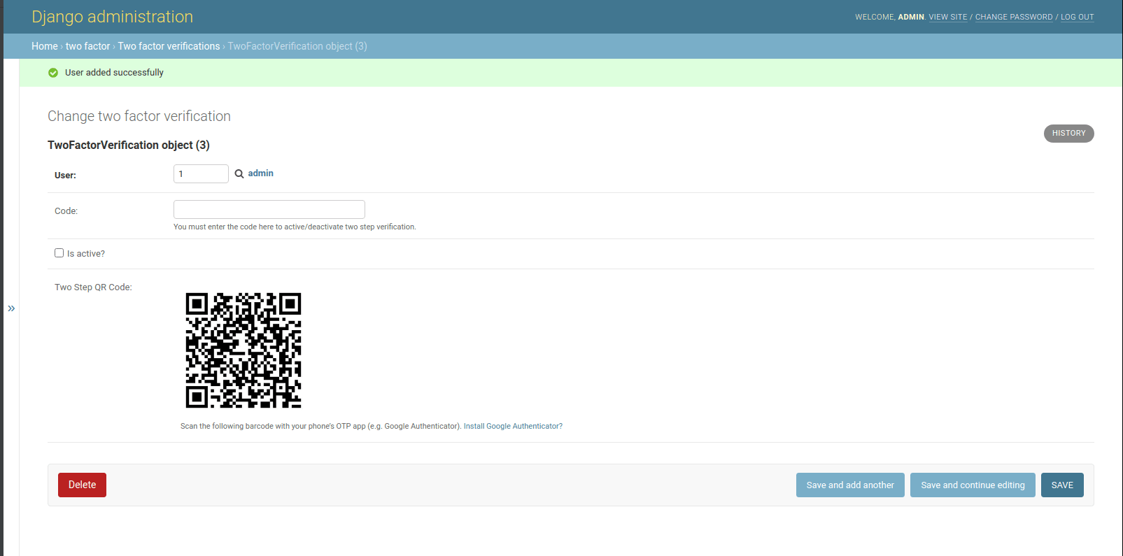 Django Admin Two-Factor Auth: Scan QRCode