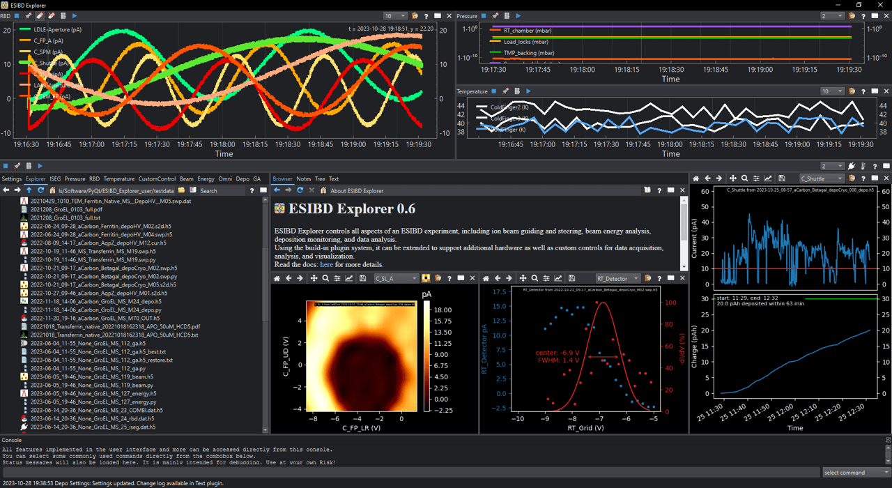 ESIBD Explorer user interface. The ESIBD Explorer controls all
aspects of an Electrospray Ion-Beam Deposition (ESIBD) experiment,
including optimization and characterization of the ion-beam energy, beam
intensity, and beam size, as well as monitoring of the deposition. At
each step, results and metadata are saved to document the experiment and
allow for later reproduction of all experimental
conditions.