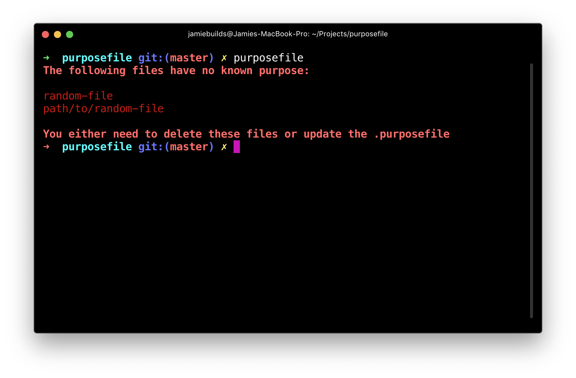 Example output of purposefile when there are unknown files