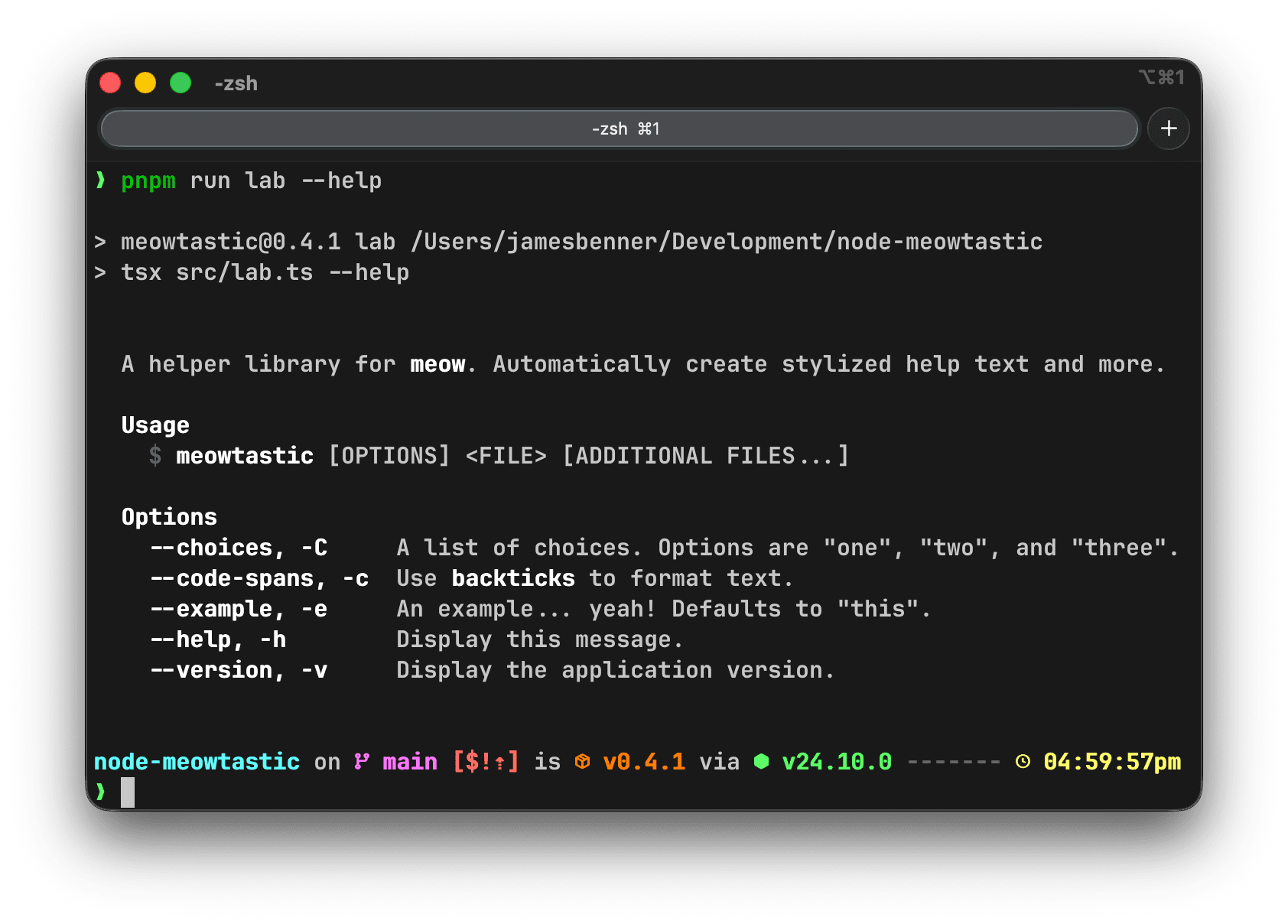 Example of the meowtastic help text output.