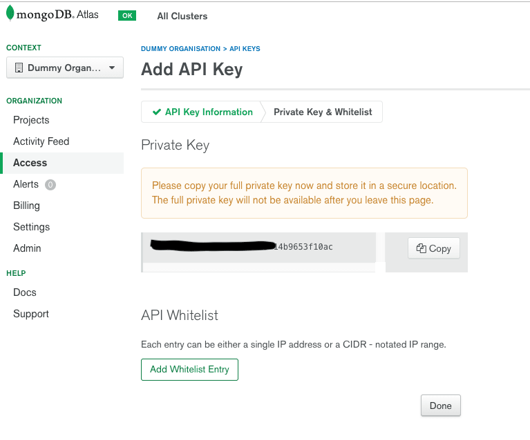 API Create Key Screen