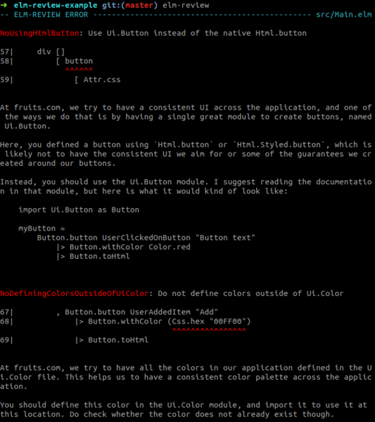 elm-review reporter output