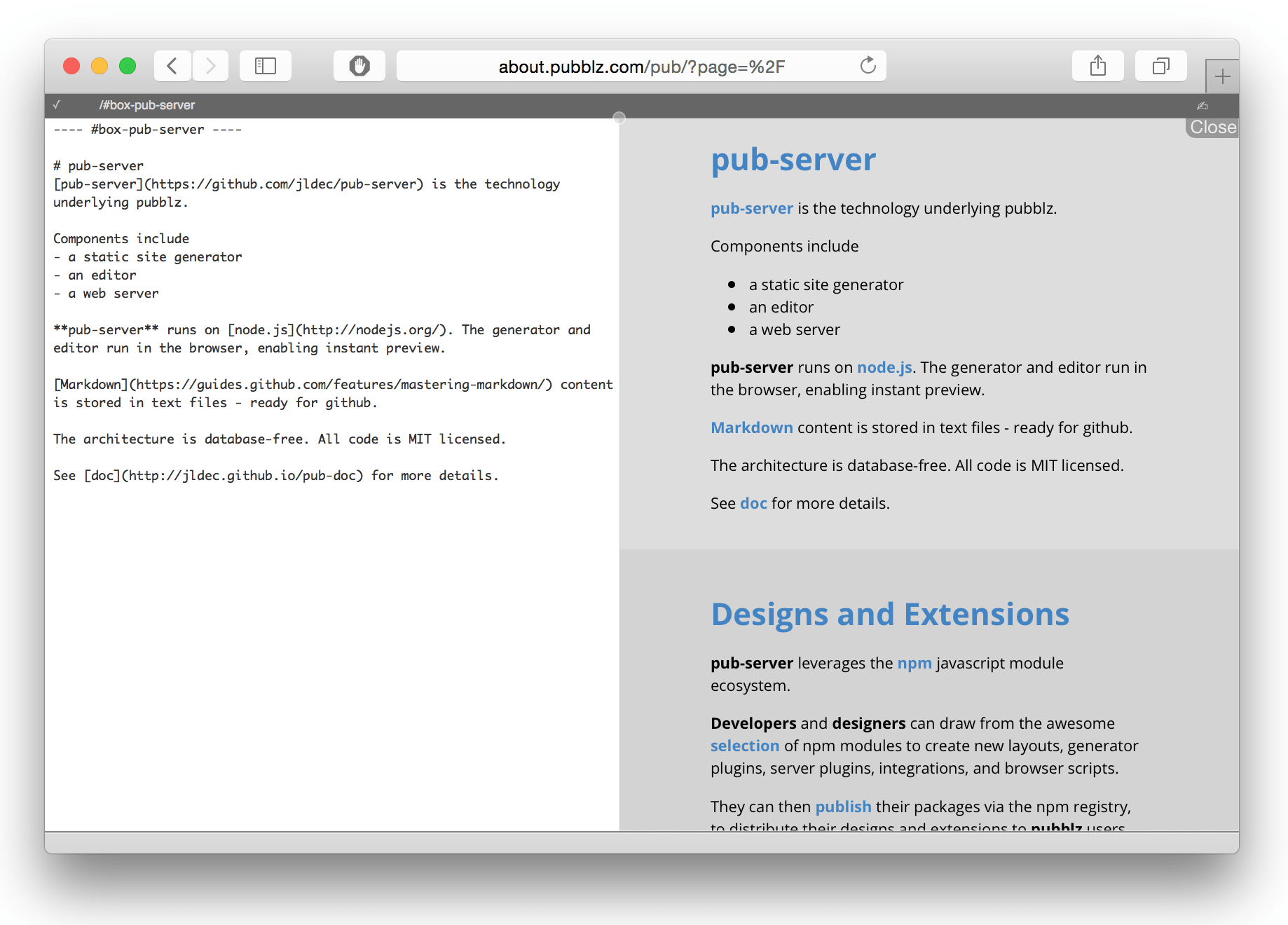 Screenshot of pub-server editor with pub-theme-brief (flexbox) theme