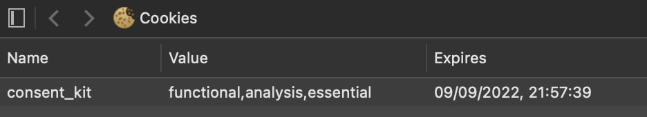 The consent cookie installed by consent-kit