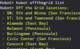 hubot offthegrid list