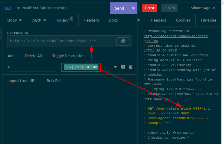 A screenshot showing a template tag that marks a replacement location. It specifies the CSV column that will be used and a sample value that will be sent when manually sending the request