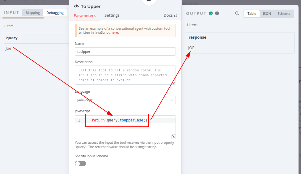 a screenshot of a Code tool showing the input and output data