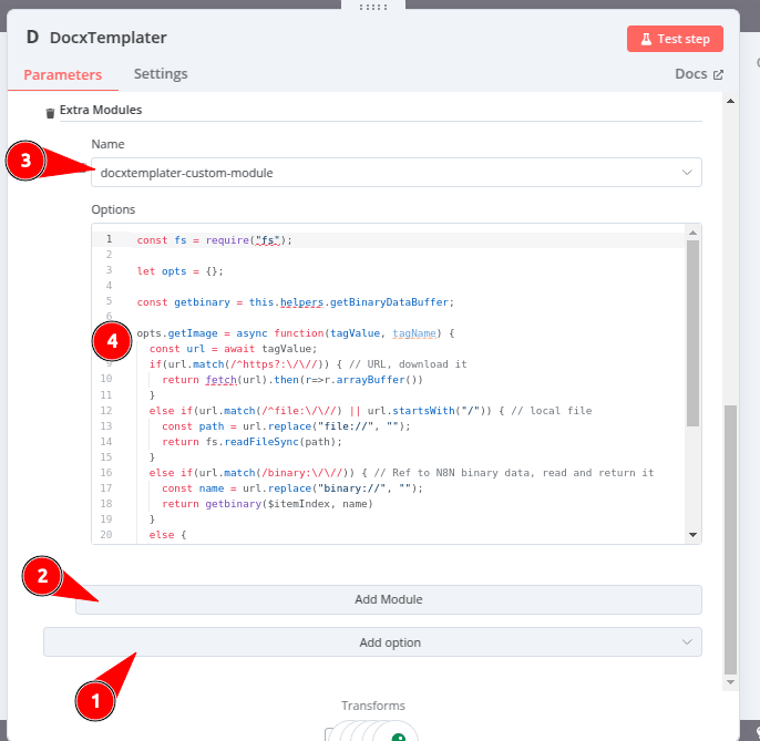 a screenshot of the N8N UI showing a module and its config