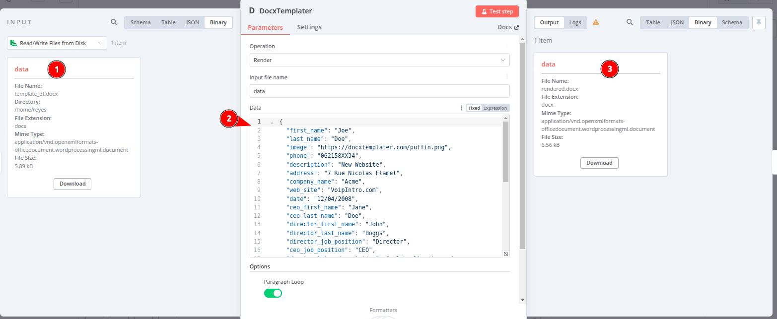 a screenshot from the N8N UI showing a Render node, which has a Word document in the input and some JSON data in a text field