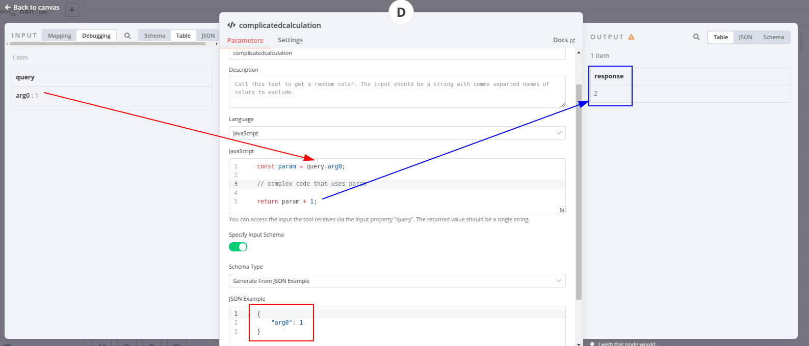 a Code tool that receives a number and returns another number after running some code