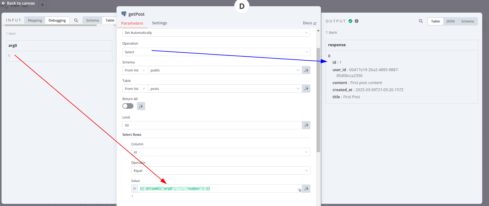 a Postgres Tool that receives a number and outputs a list with a single record