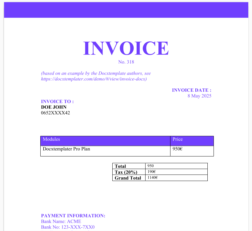 a screenshot of a PDF document based on the template above, but where placeholders have been replaced by actual data