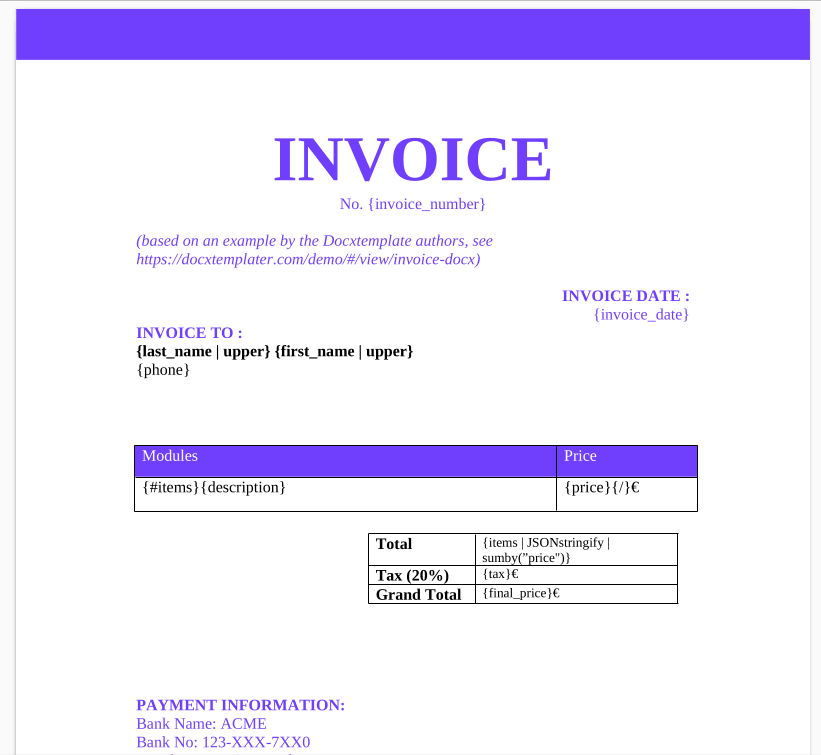 a screenshot of a template for an invoice, containing placeholder tags
