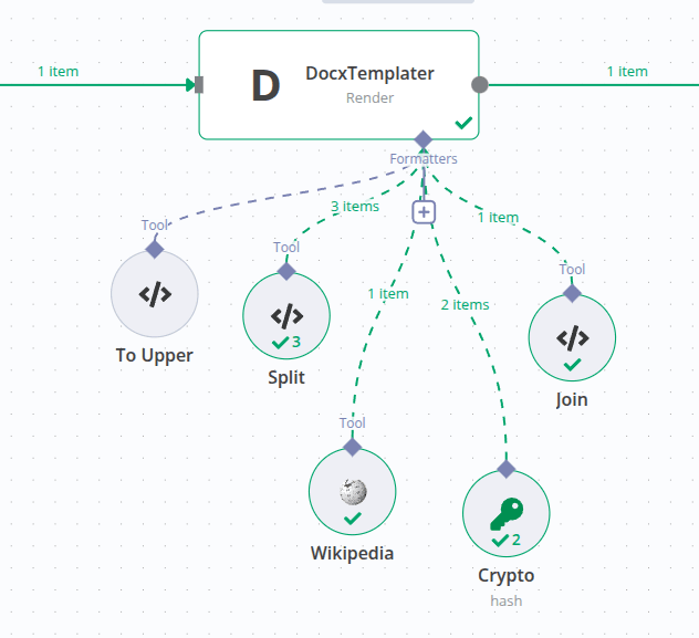 a screenshot from the N8N UI showing the Render node with several "tool" sub-nodes connected