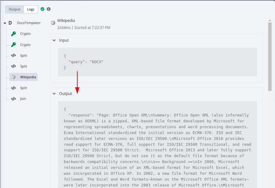 a screenshot of the Wikipedia tool being called, showing that the quey "DOCX" returns the article about the Open Office XML format