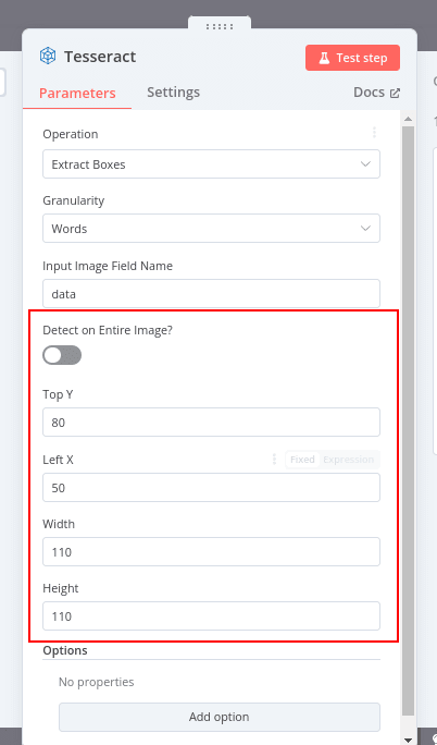 a screenshot of the node settings showing that when the Detect on Entire Image switch is Off, there are fields to provide the top, left, width and height of the desired bounding box
