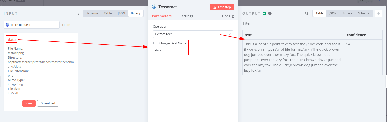 a screenshot of the node UI showing an input item with Binary data