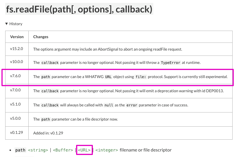 screenshot of readFile documentation changelog