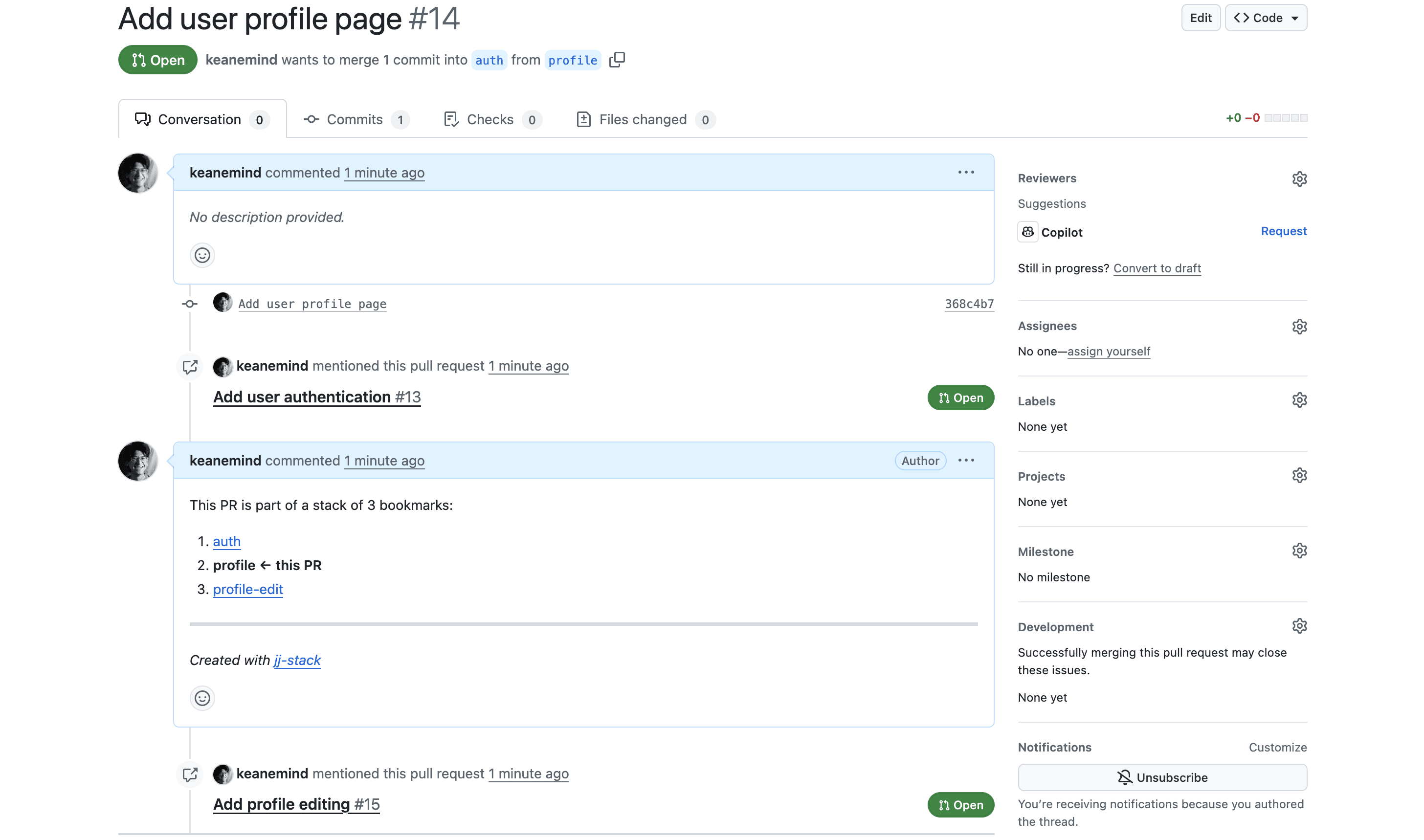 screenshot of a stacked GitHub pull request