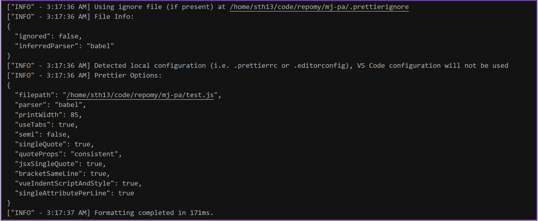 Sample VSCode log output...mj-pa is extending the default configuration and formatting is being applied by the VS Code plugin for Prettier.