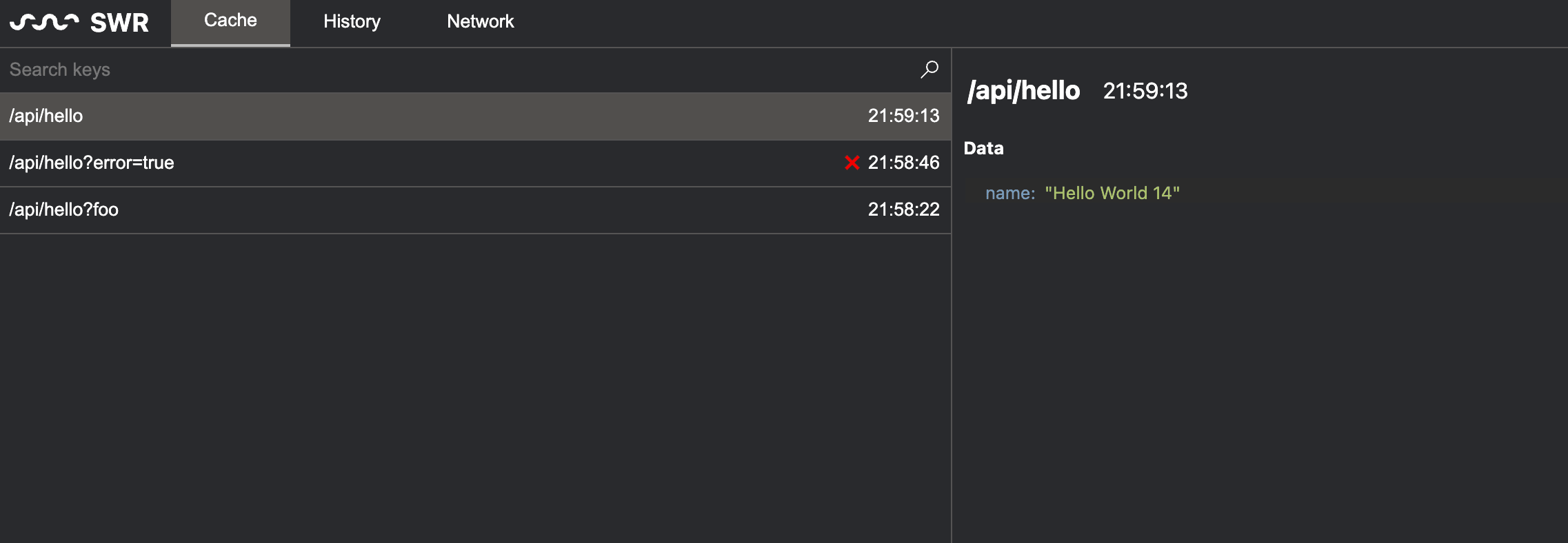 A screenshot of SWR Devtools (dark theme)