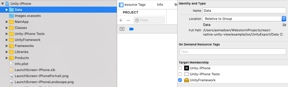 Set Target Membership of Data folder to UnityFramework