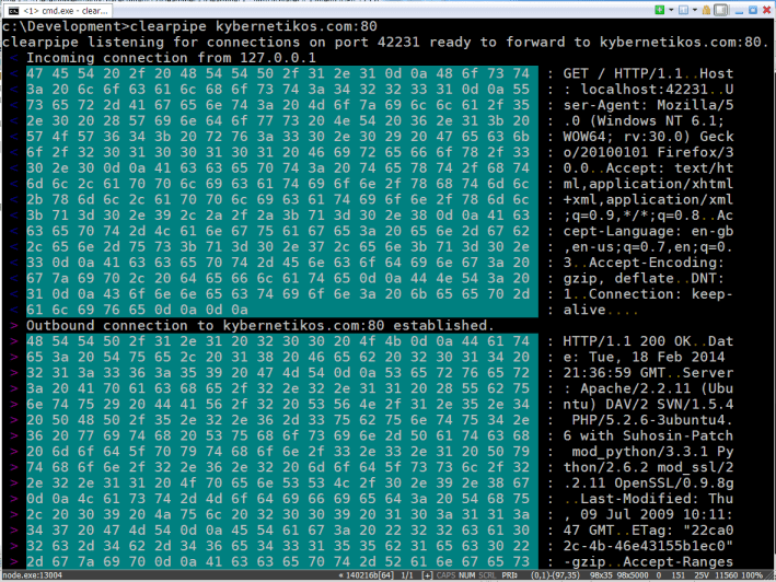 Screenshot showing the output of getting a web page through clearpipe.