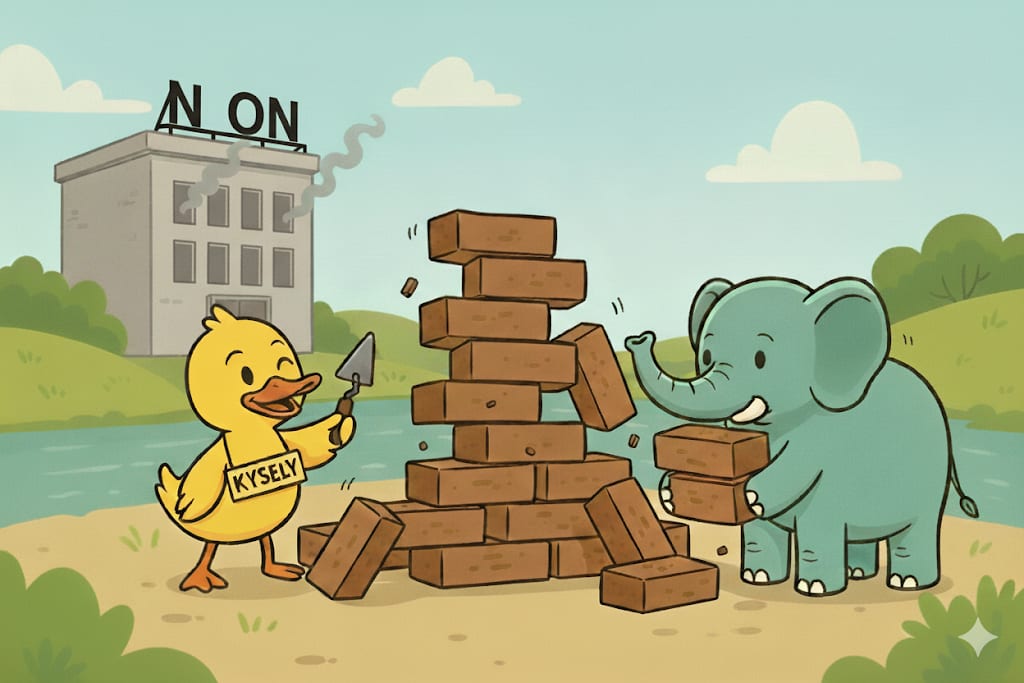 A Kysely-branded yellow duck playing with bricks together with a Neon-branded elephant