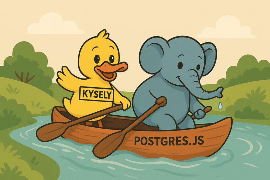 A Kysely-branded yellow duck canoeing with a Postgres.js-branded grey elephant in the river